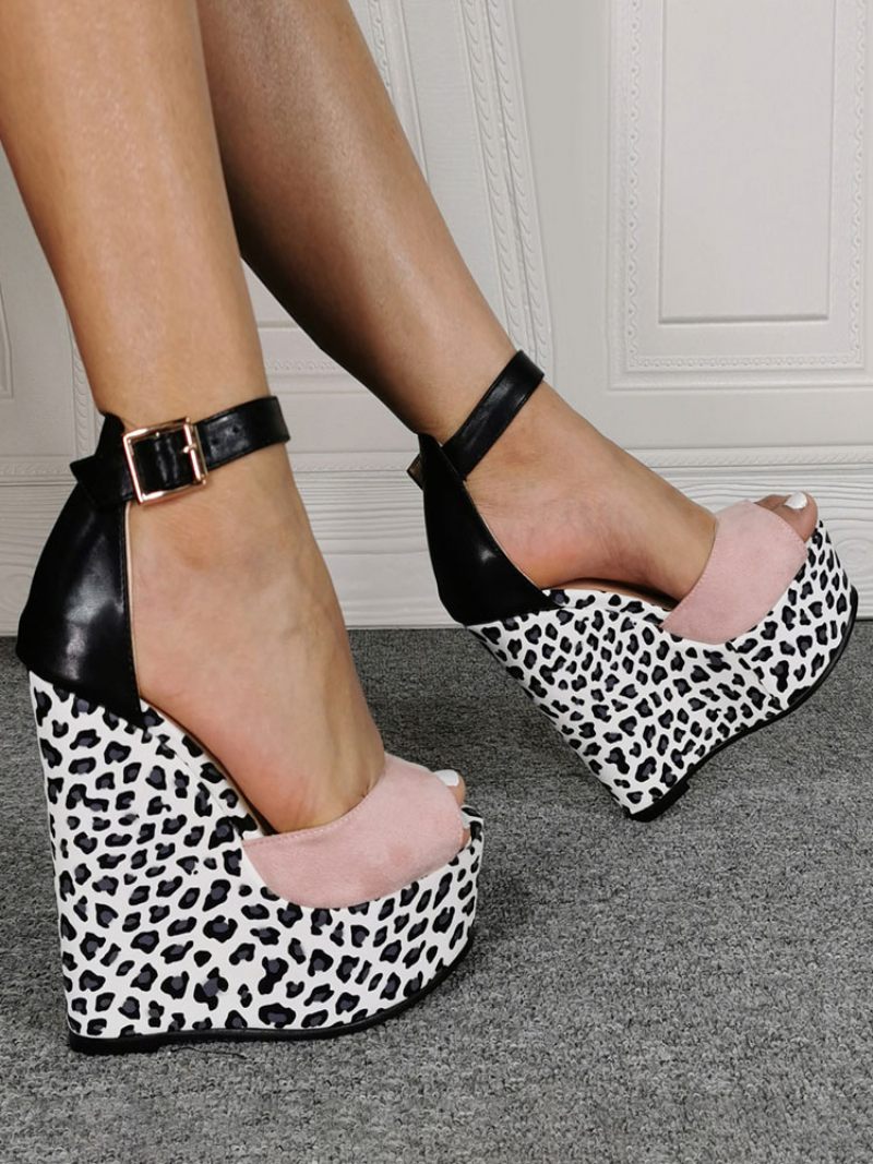 Kiilakengät Ladylle Classic Peep Toe Wedge Heel Slip-on Naisten Plus-koon Leopard Sandaalit - Pinkki