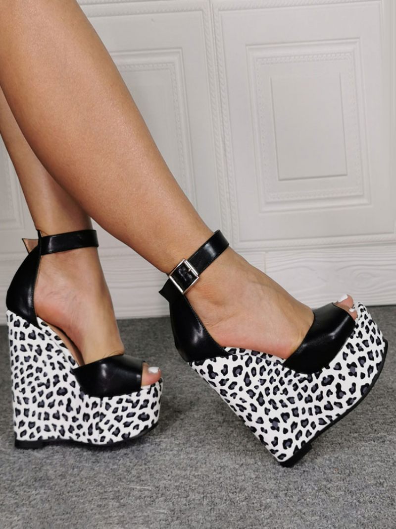 Kiilakengät Ladylle Classic Peep Toe Wedge Heel Slip-on Naisten Plus-koon Leopard Sandaalit - Musta