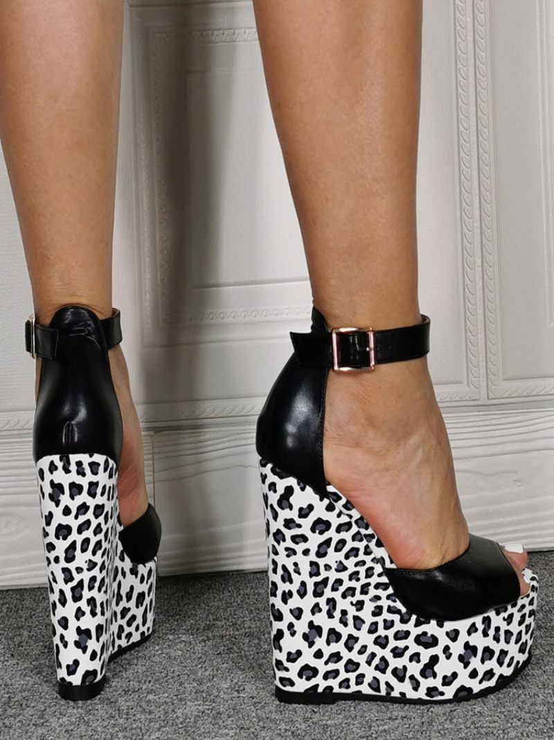 Kiilakengät Ladylle Classic Peep Toe Wedge Heel Slip-on Naisten Plus-koon Leopard Sandaalit - Musta