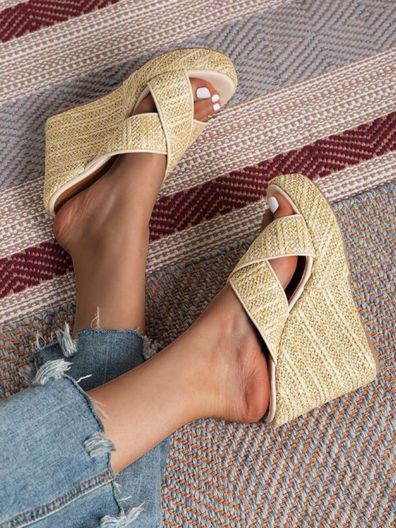 Naisten Cane Wedge Sandaalit Platform Open Toe Criss Cross Sandaaliliukua - Vaaleankeltainen