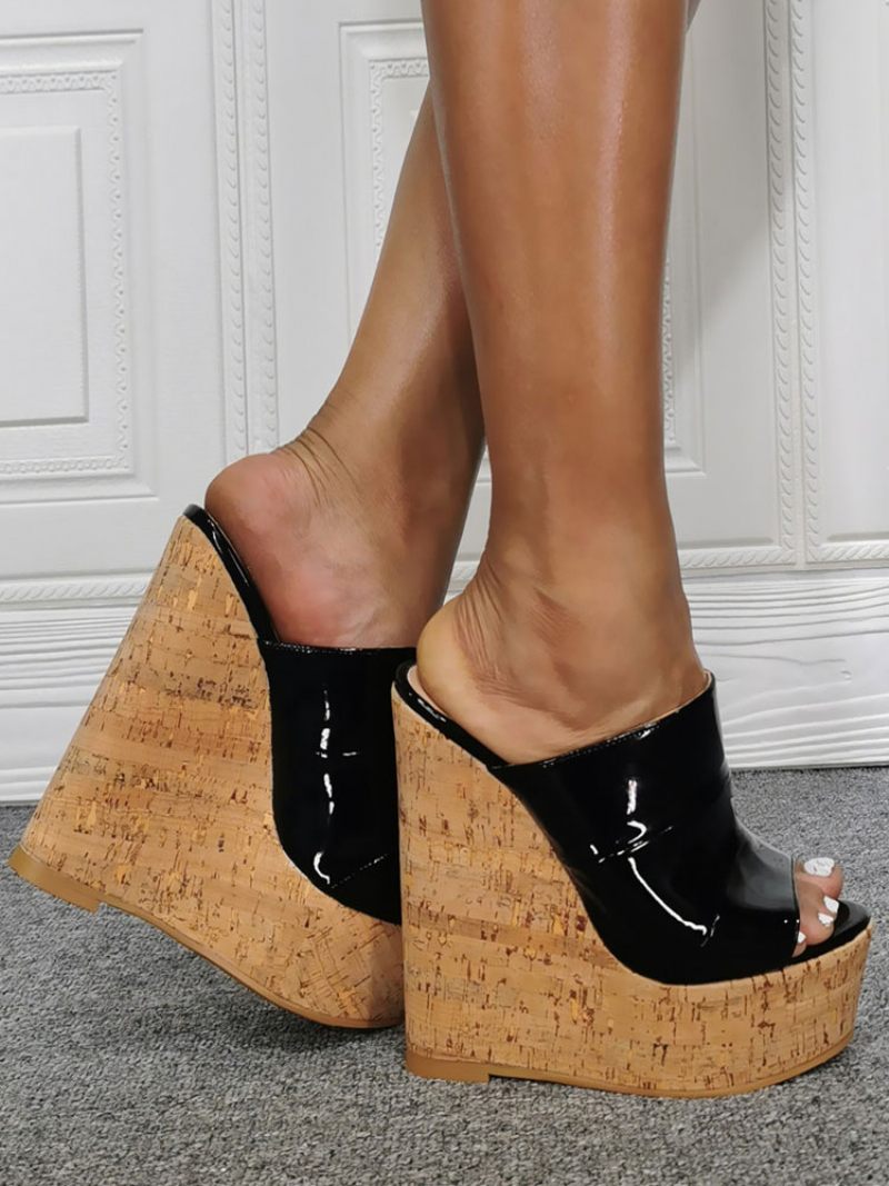 Naisten Cork Wedge Mule -sandaalit Kiiltonahkaa - Musta