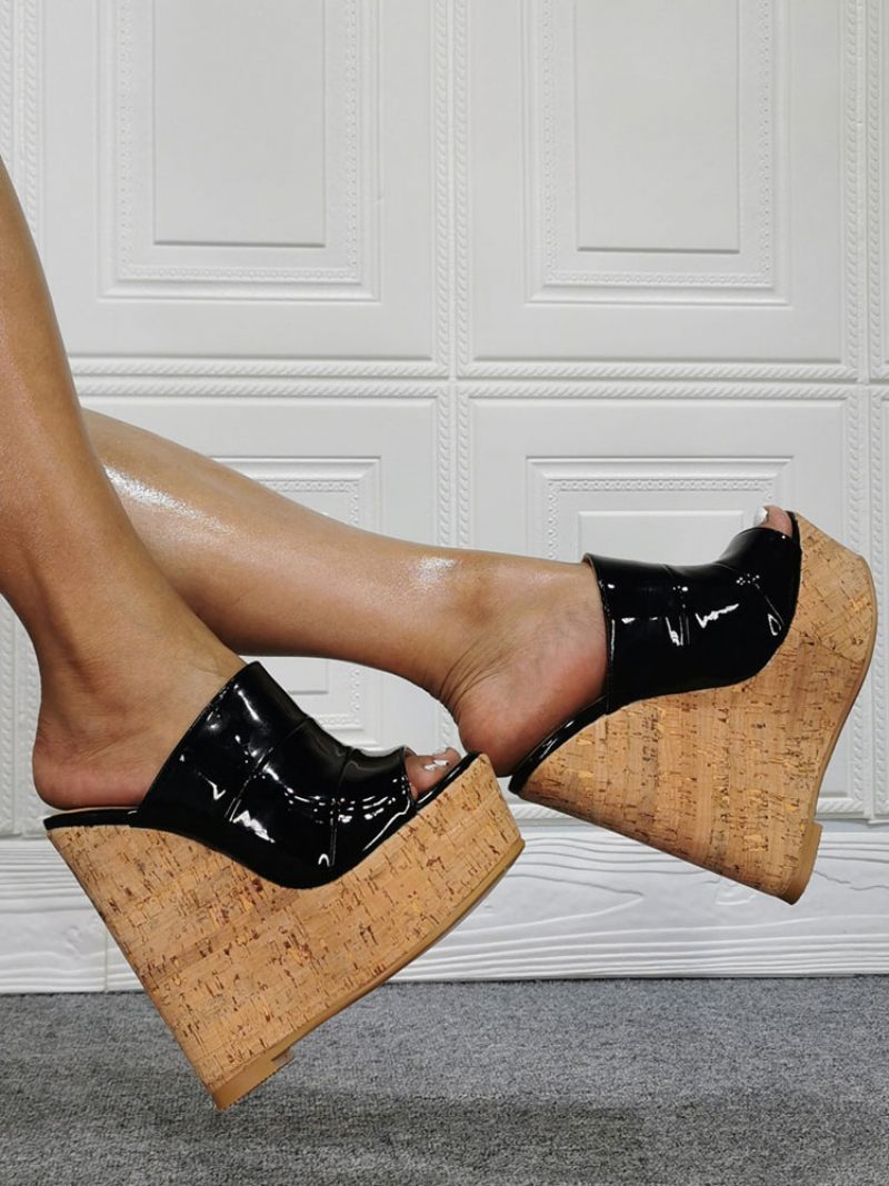 Naisten Cork Wedge Mule -sandaalit Kiiltonahkaa - Musta