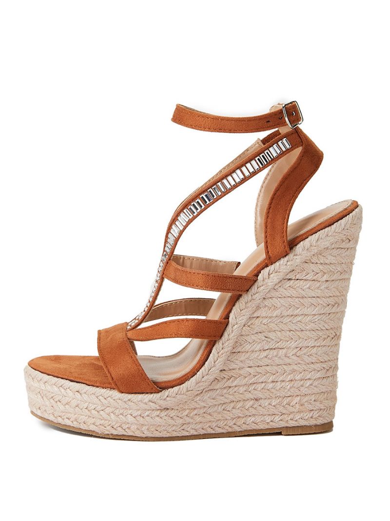 Naisten Kesäsandaalit Strassit Micro Suede Upper Wedge Heel Nilkkahihna Sandaalit - Kahvinruskea