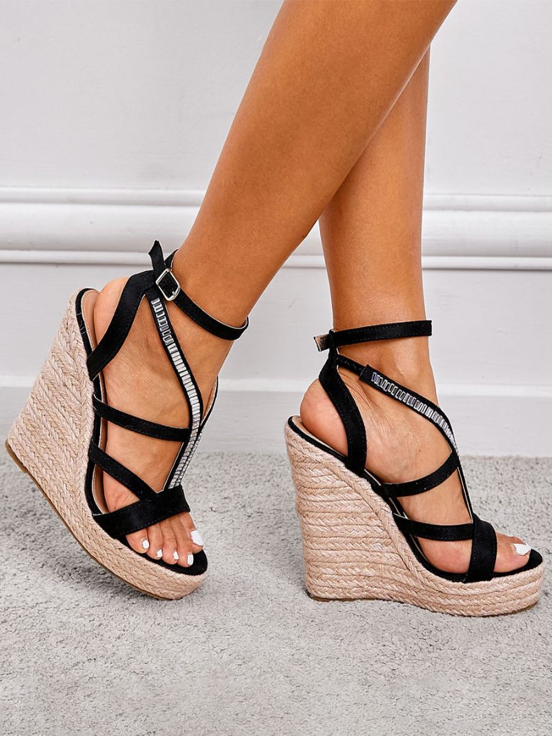 Naisten Kesäsandaalit Strassit Micro Suede Upper Wedge Heel Nilkkahihna Sandaalit - Musta