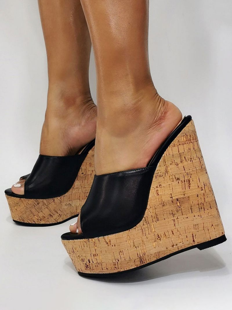 Naisten Mustat Peep Toe Wedge -sandaalit