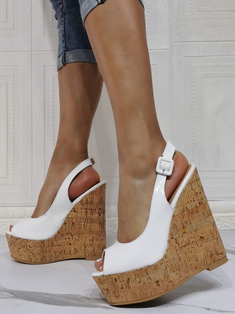 Naisten Peep Toe Platform Slingback Wedge -korkokengät - Valkoinen