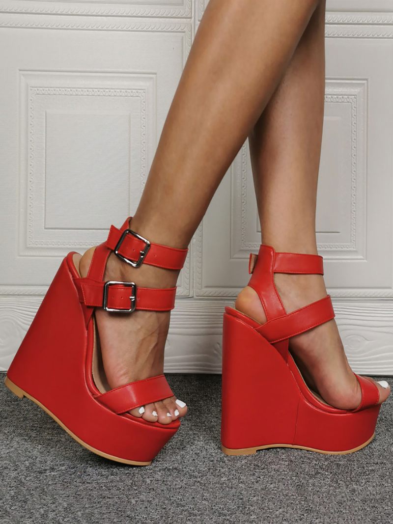 Naisten Sexy Heel Sandaalit Valkoinen Pu-nahka Wedge Seksikäs Kengät Plus Size -kengät - Ture Red