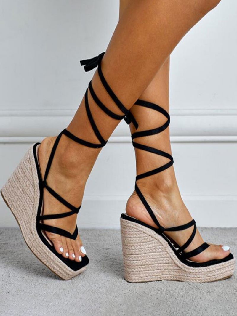 Naisten Strappy Espadrille Wedge -sandaalit - Musta