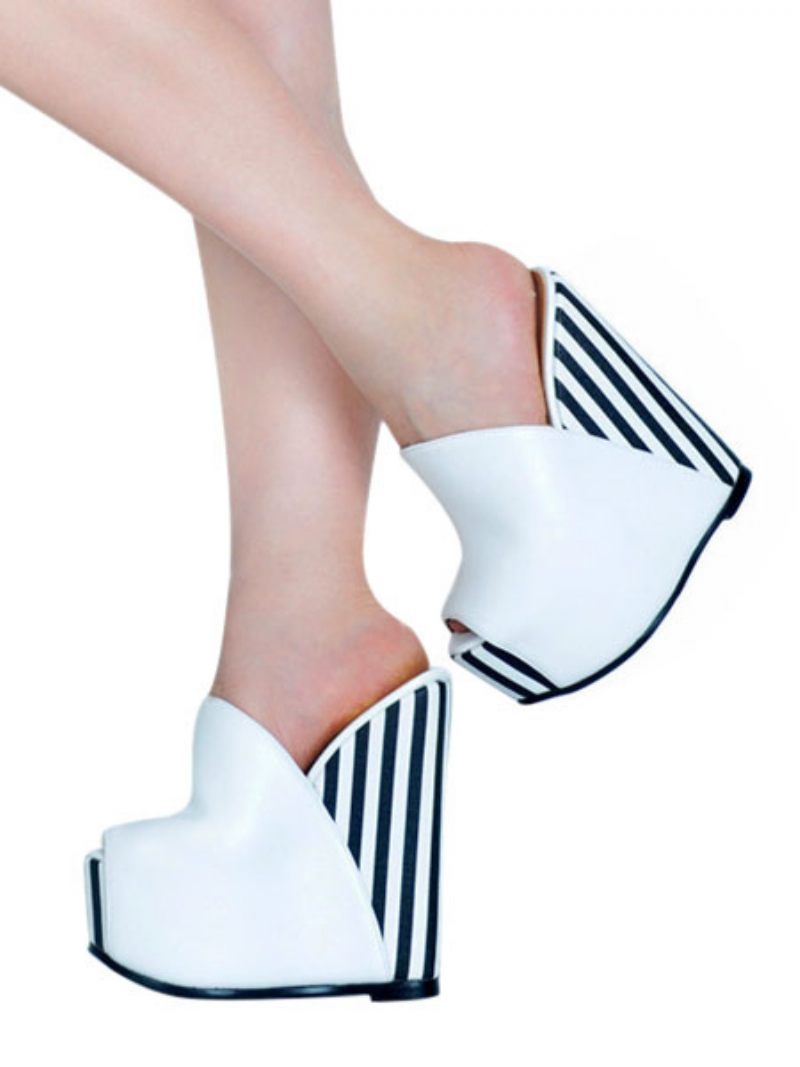 Naisten Stripes Platform Wedge Mules - Valkoinen