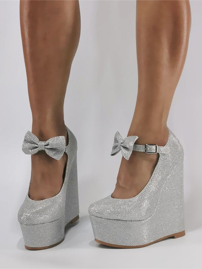 Naisten Wedge Heels Glitter Round Toe Bow Prom -kengät