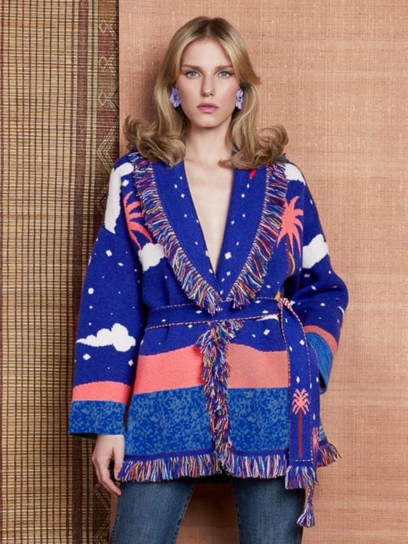 Naisten Jacquard-neuletakit Clouds Tupsuverhoilu Vyö Villasekoitetta Boho Sweater