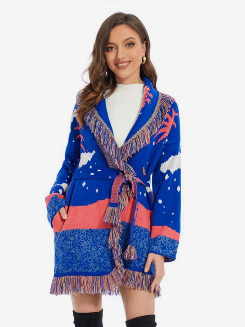 Naisten Jacquard-neuletakit Clouds Tupsuverhoilu Vyö Villasekoitetta Boho Sweater - Sininen