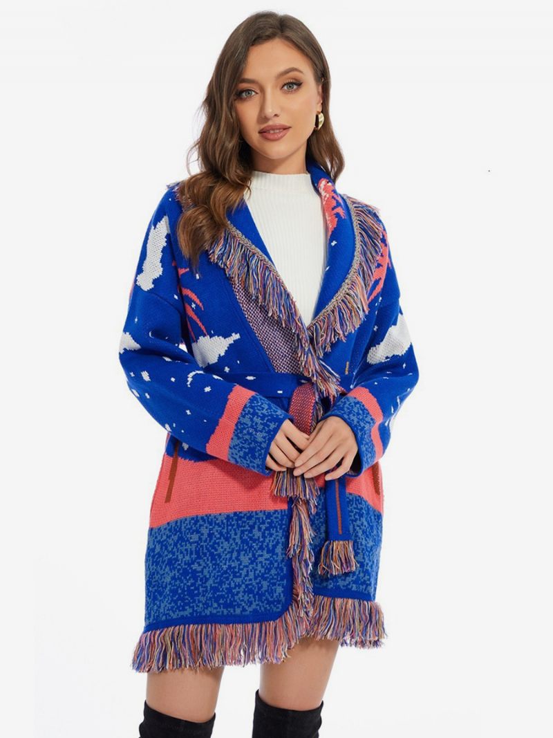 Naisten Jacquard-neuletakit Clouds Tupsuverhoilu Vyö Villasekoitetta Boho Sweater - Sininen