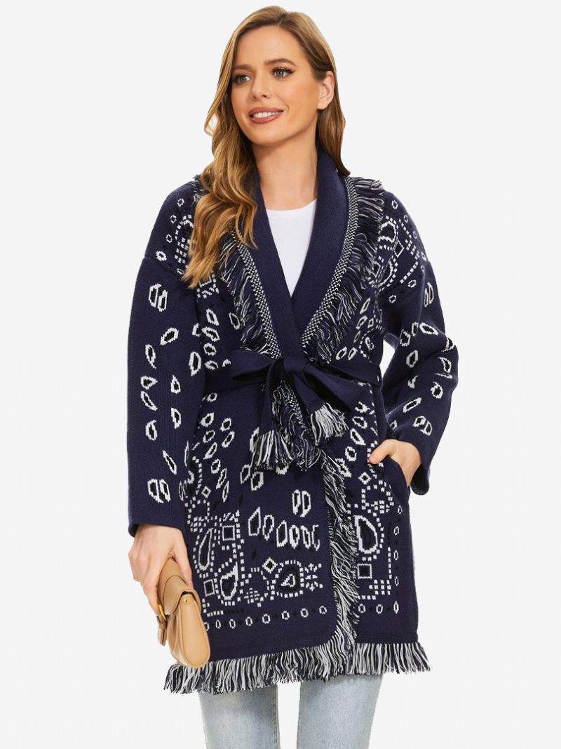 Naisten Jacquard-neuletakit Paisley-inspiroidut Tupsuverhoilu Vyöllä Villasekoitetta Boho-villapusero - Dark Navy