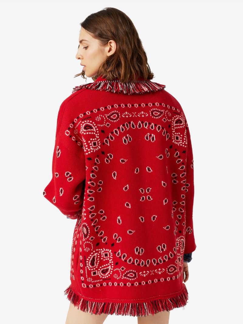 Naisten Jacquard-neuletakit Paisley-inspiroidut Tupsuverhoilu Vyöllä Villasekoitetta Boho-villapusero - Punainen