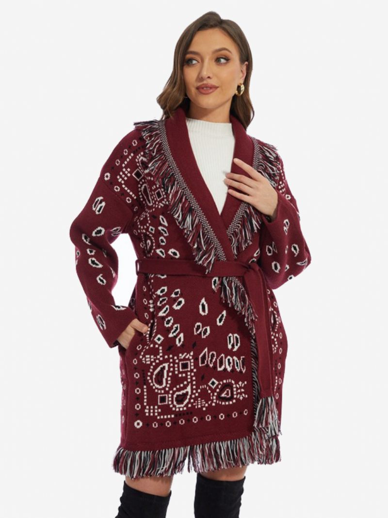 Naisten Jacquard-neuletakit Paisley-inspiroidut Tupsuverhoilu Vyöllä Villasekoitetta Boho-villapusero - Burgundi