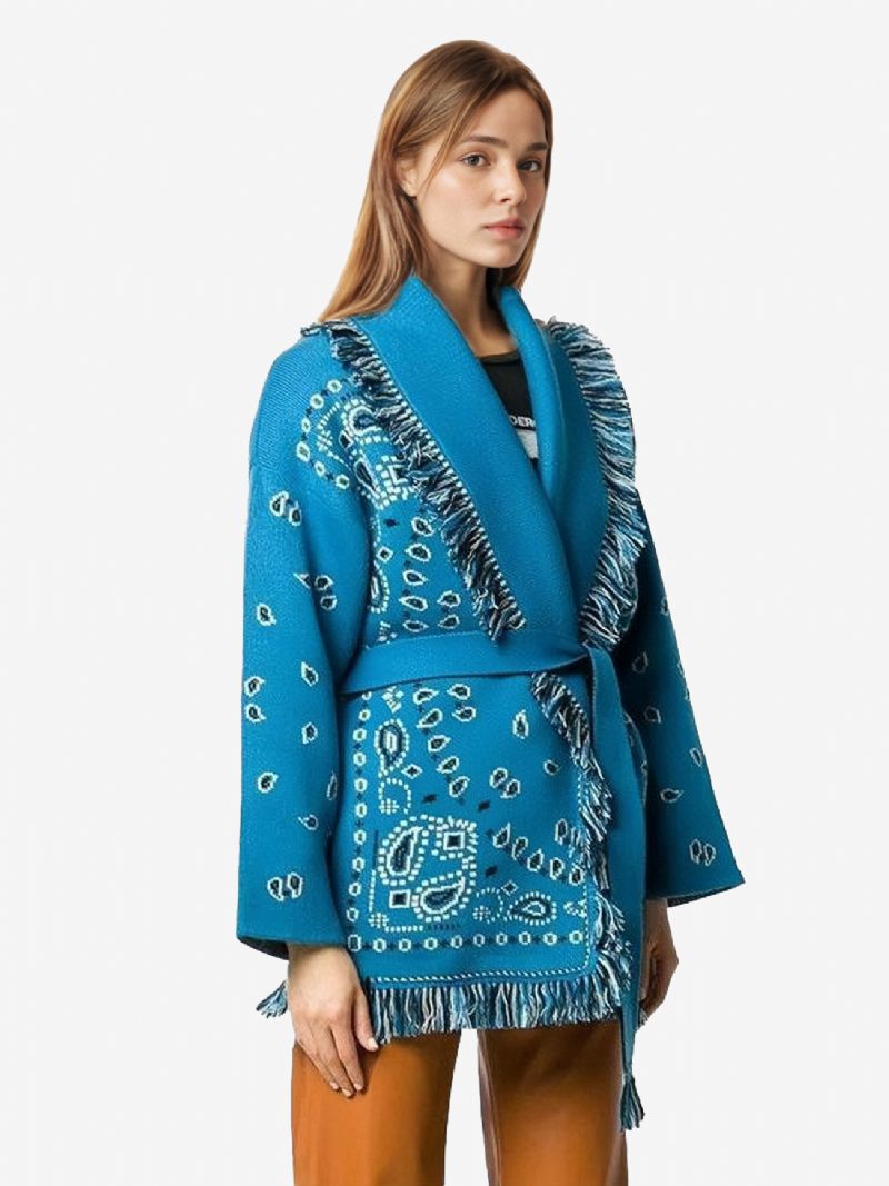 Naisten Jacquard-neuletakit Paisley-inspiroidut Tupsuverhoilu Vyöllä Villasekoitetta Boho-villapusero - Teal