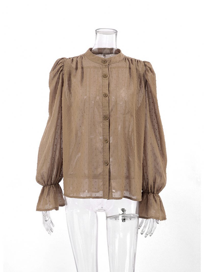 Convertible Shirt Ruffles Sleeves Naisten Toppi - Khaki