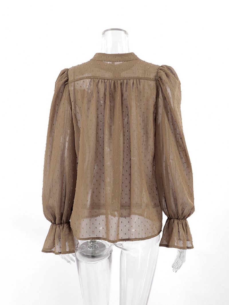 Convertible Shirt Ruffles Sleeves Naisten Toppi - Khaki