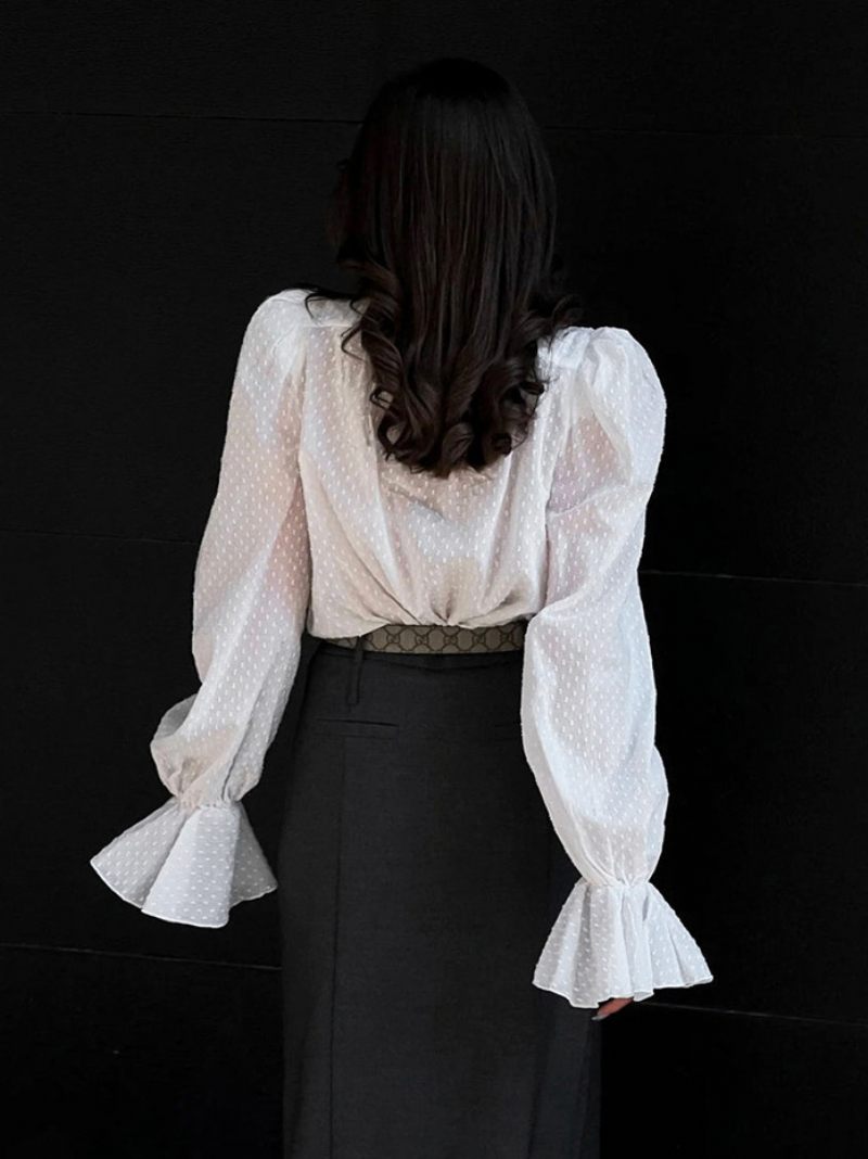 Convertible Shirt Ruffles Sleeves Naisten Toppi - Valkoinen